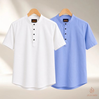 2 Pcs Combo Men's Half Sleeve OXF Katua- Sky+White