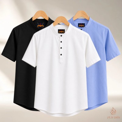 3 Pcs Combo Men's Half Sleeve OXF Katua-Black+Sky+White