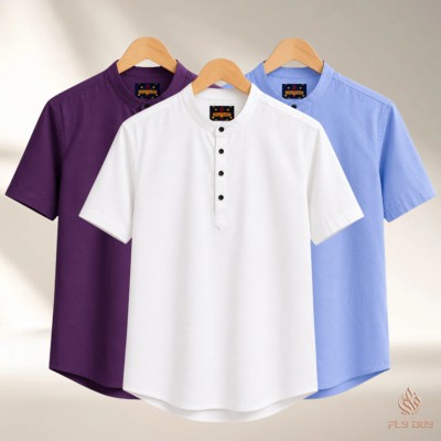 3 Pcs Combo Men's Half Sleeve OXF Katua-Purple+Sky+White