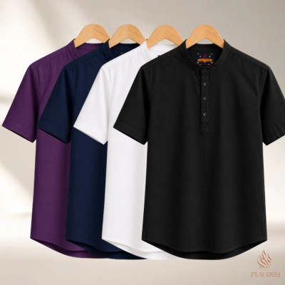 4 Pcs Combo Men's Half Sleeve OXF Katua-Purple+Navy+White+Black