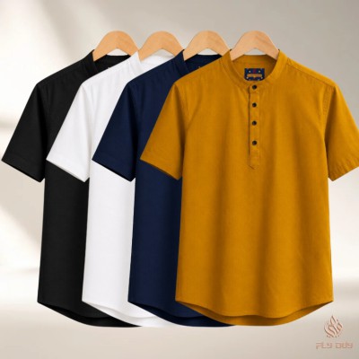 4 Pcs Combo Men's Half Sleeve OXF Katua-Black+White+Navy+Kathal