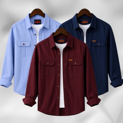 3 Pc Combo Full Sleeves Double Pocket Panel Shirt